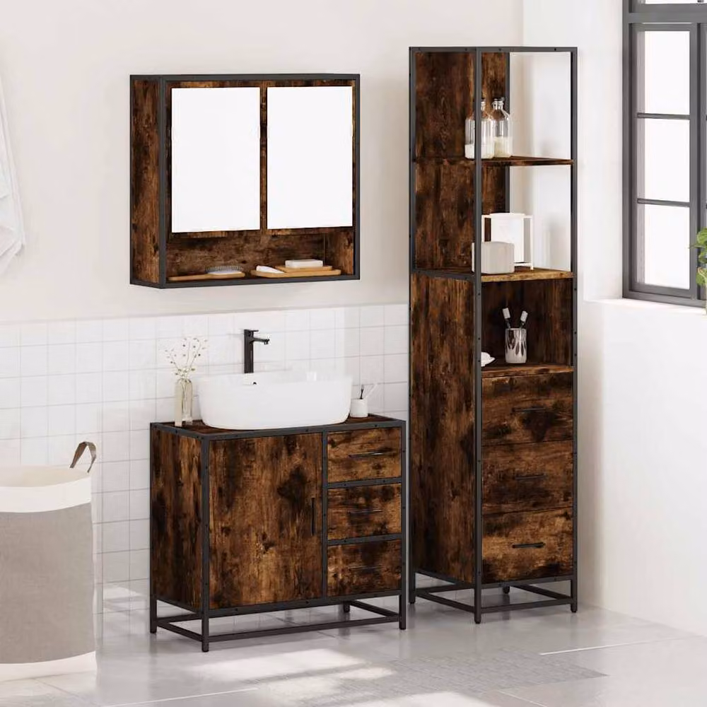 Berkfield Home 3 Piece Industrial Bathroom Furniture Set in Smoked Oak Brown – 3