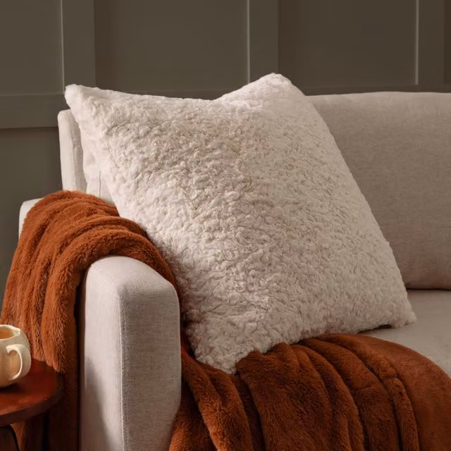 Make it a Home Megeve Faux Fur Square Cushion in Ecru with Feather and Polyester Filling