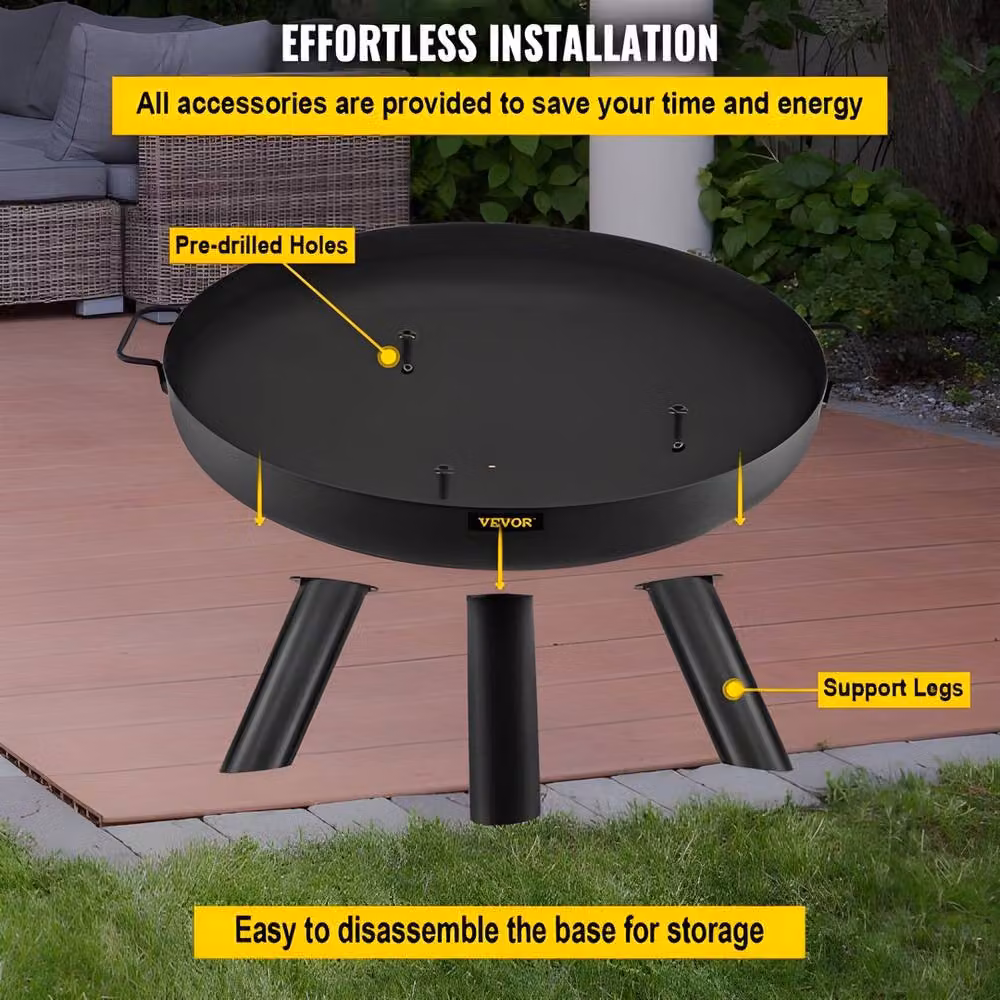 VEVOR Black Carbon Steel Round Fire Pit Bowl with Drain Hole and Portable Handles, Diameter: 76.2 cm – 8