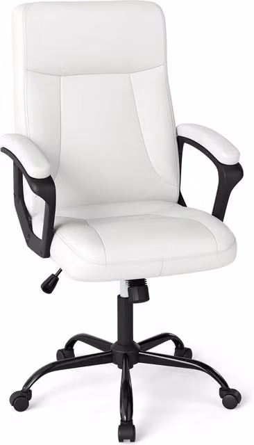 COSTWAY Modern Swivel Task Chair with Armrests in Beige and White Synthetic Leather and Metal