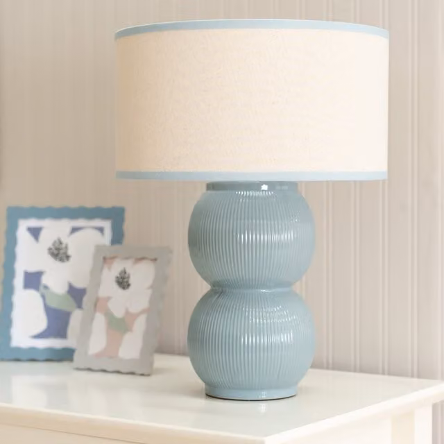 ValueLights Gemma Stacked Ribbed Ceramic Table Lamp with Fabric Drum Shade and Bulb in Green