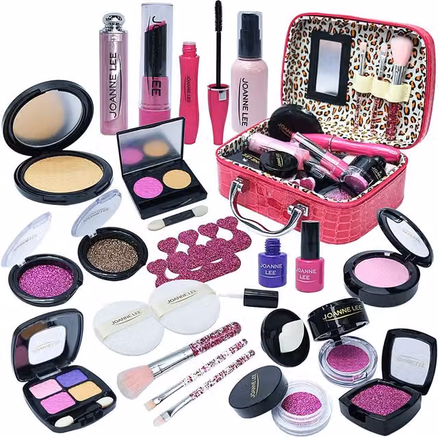deAO Kids Pretend Makeup Set with Pink Cosmetic Bag Beauty Role Play Toy