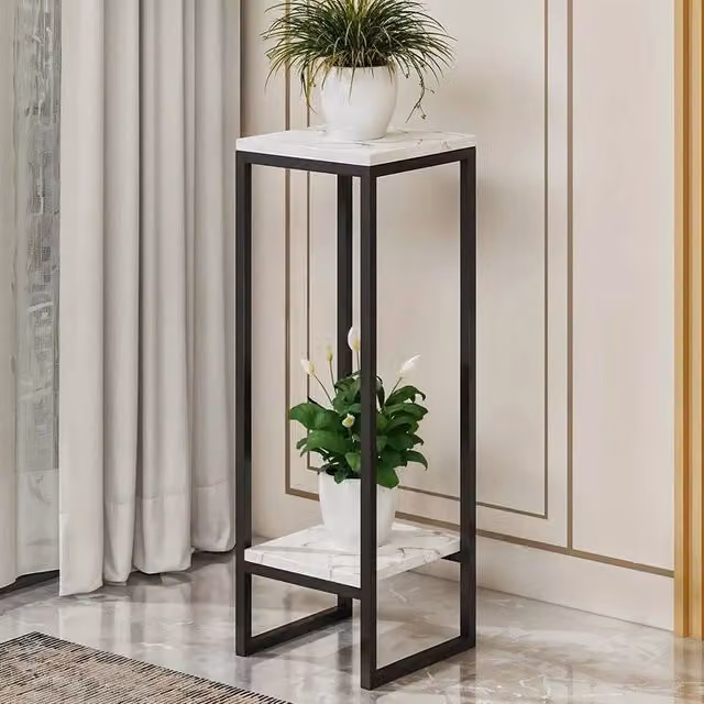 FORGEVIO 2-Tier Modern Metal and MDF Floor Plant Stand, White, H 90 cm x W 100 cm x D 50 cm