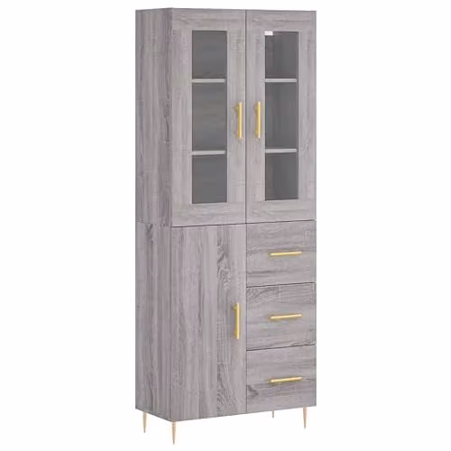 vidaXL Modern Grey Highboard with Doors and Drawers, W/D/H: 69.5 x 34 x 180 cm