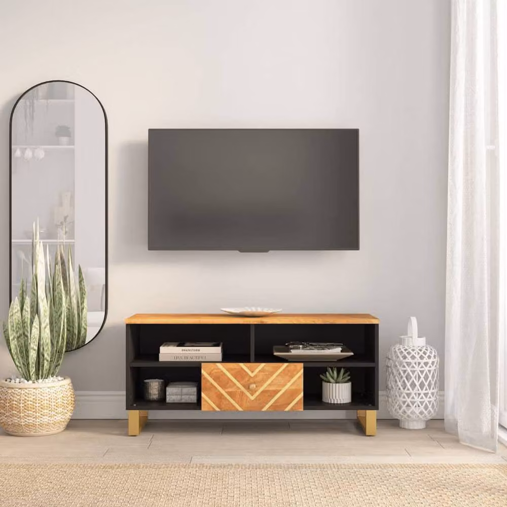 Berkfield Home Modern Mango Wood TV Cabinet in Brown and Black, W: 100 cm, D: 33.5 cm, H: 46 cm – 2