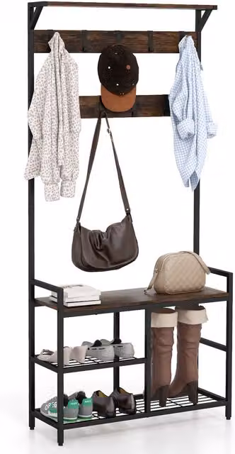 COSTWAY Industrial Hall Tree with Bench and Distributed Point Hooks in Brown Wood with Matt Finish