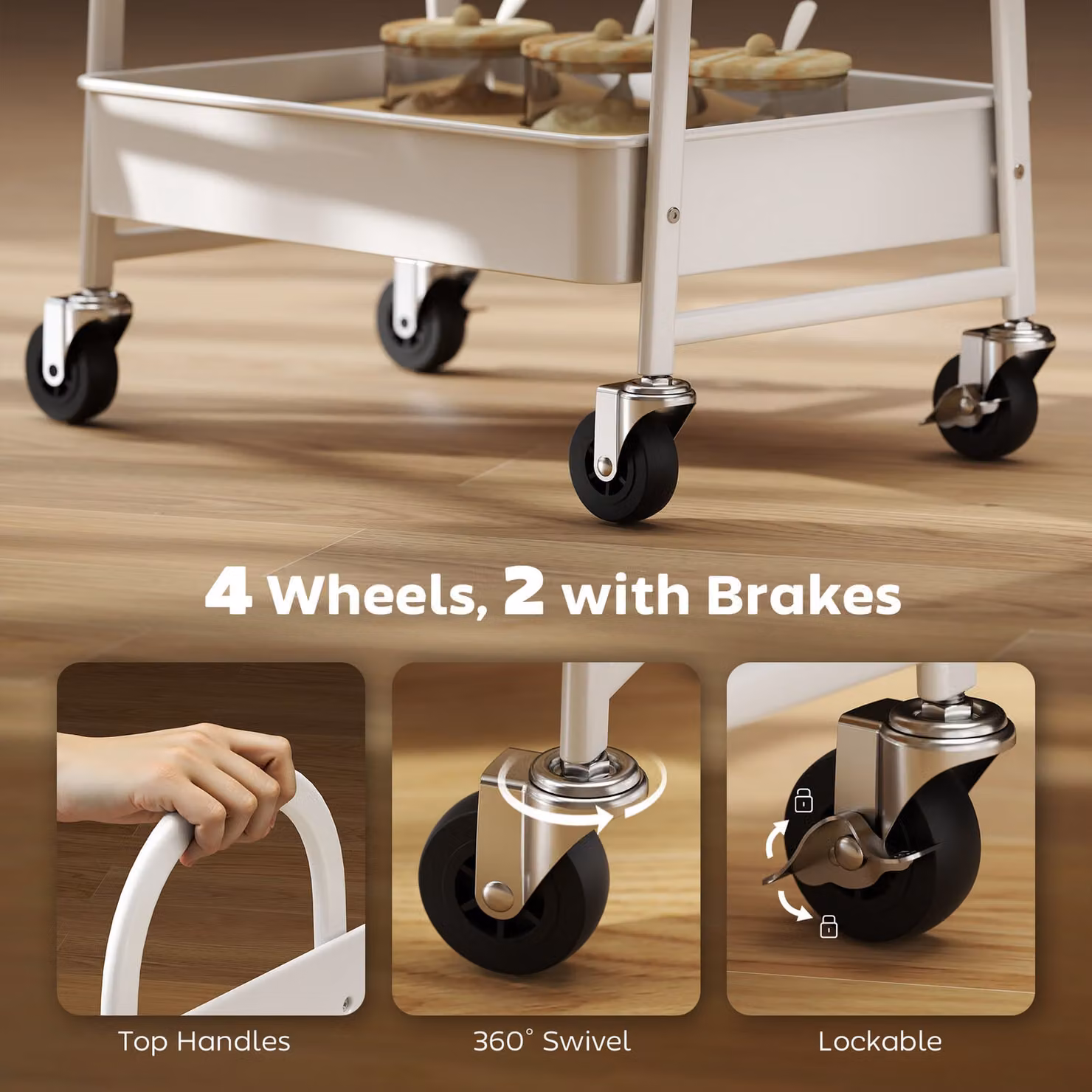 HOMCOM 3-Tier Kitchen Storage Trolley with Wheels and Cover Top Board in White and Oak – 4