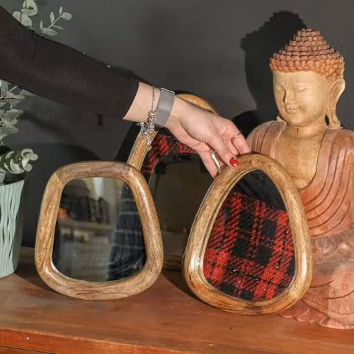 Ancient Wisdom Serenityy Set of 3 Pebble Shaped Organic Wood Wall Mirrors in Brown, W/H: 30 x 20.5 cm, 20 x 22 cm, 22 x 24.5 cm – 2