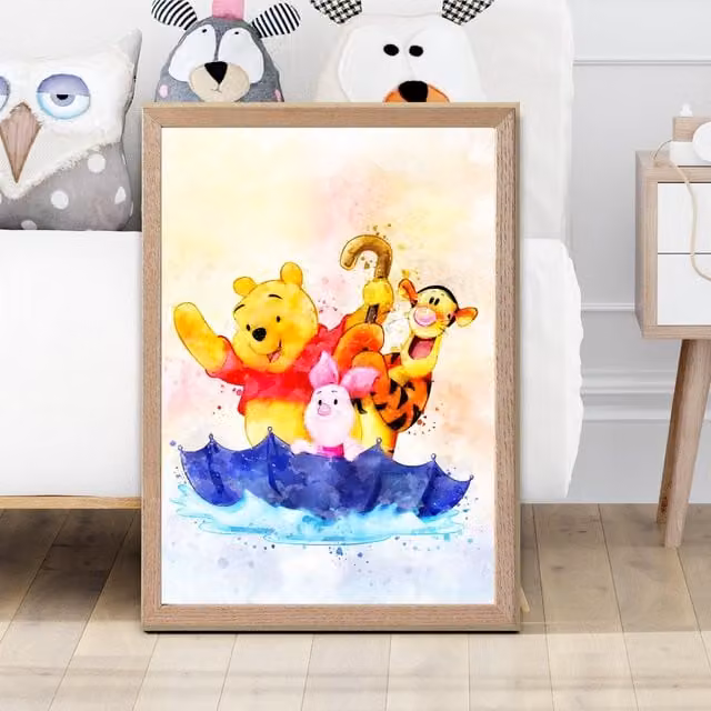 ARTZE Winnie the Pooh and Friends Watercolour Art Print with Oak Frame, Multicolour, Size: A2
