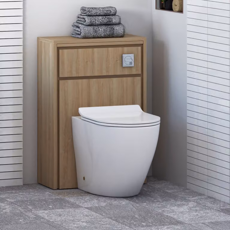 Livora Natural Oak Wall Mounted WC Unit with Elva Rimless Ceramic Toilet Pan, Slim Soft Close Seat and Cistern, Width: 55.5 cm