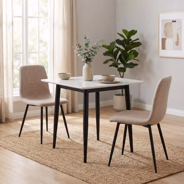 FWStyle Cream Sintered Stone Dining Table with Marble Effect and Sand Blasted Legs