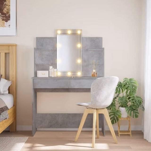 Berkfield Home Dressing Table with Hollywood LED Lights in Concrete Grey, W/D/H: 96 x 40 x 142 cm