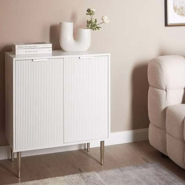 Wyld and Coco White Lacquered MDF Sideboard with 2 Fluted Doors, 2 Shelves and Metal Legs – 1