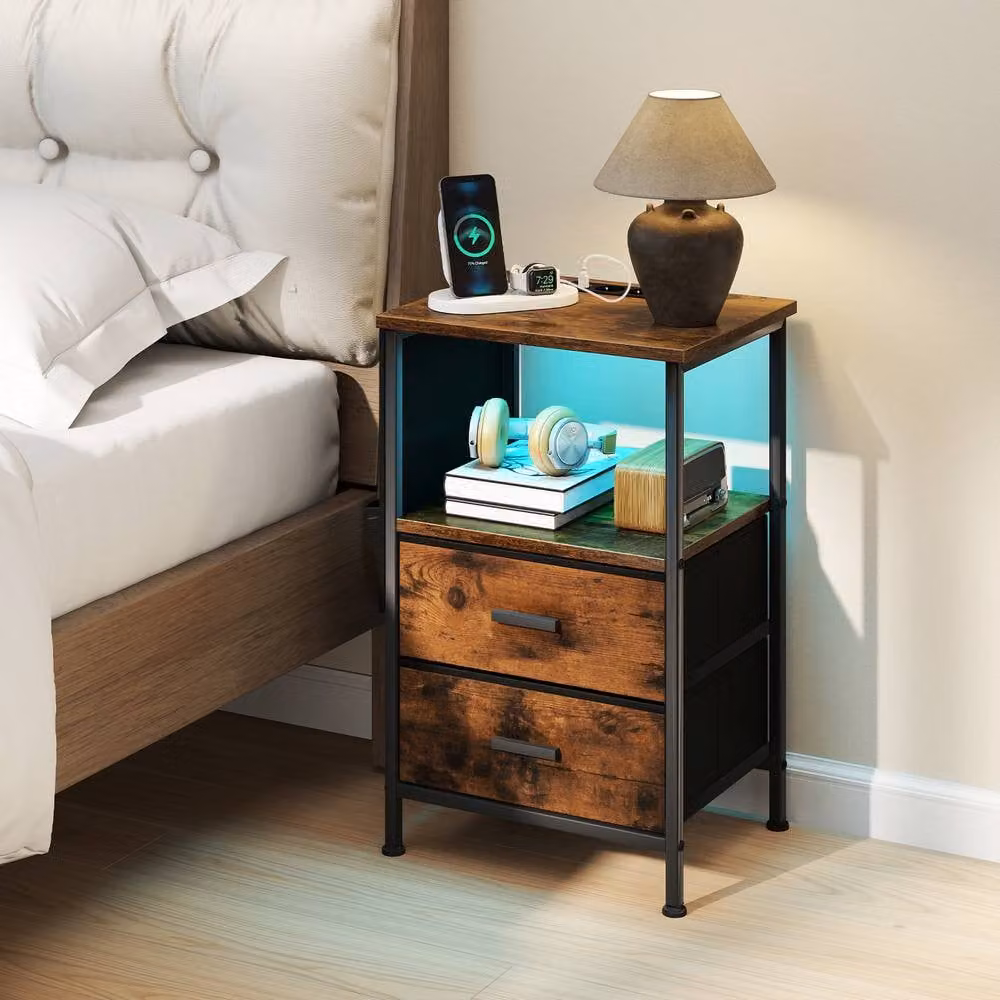 Gymax Brown Industrial Nightstand End Table with Charging Station, 2 Drawers and Integrated LED Lights – 7