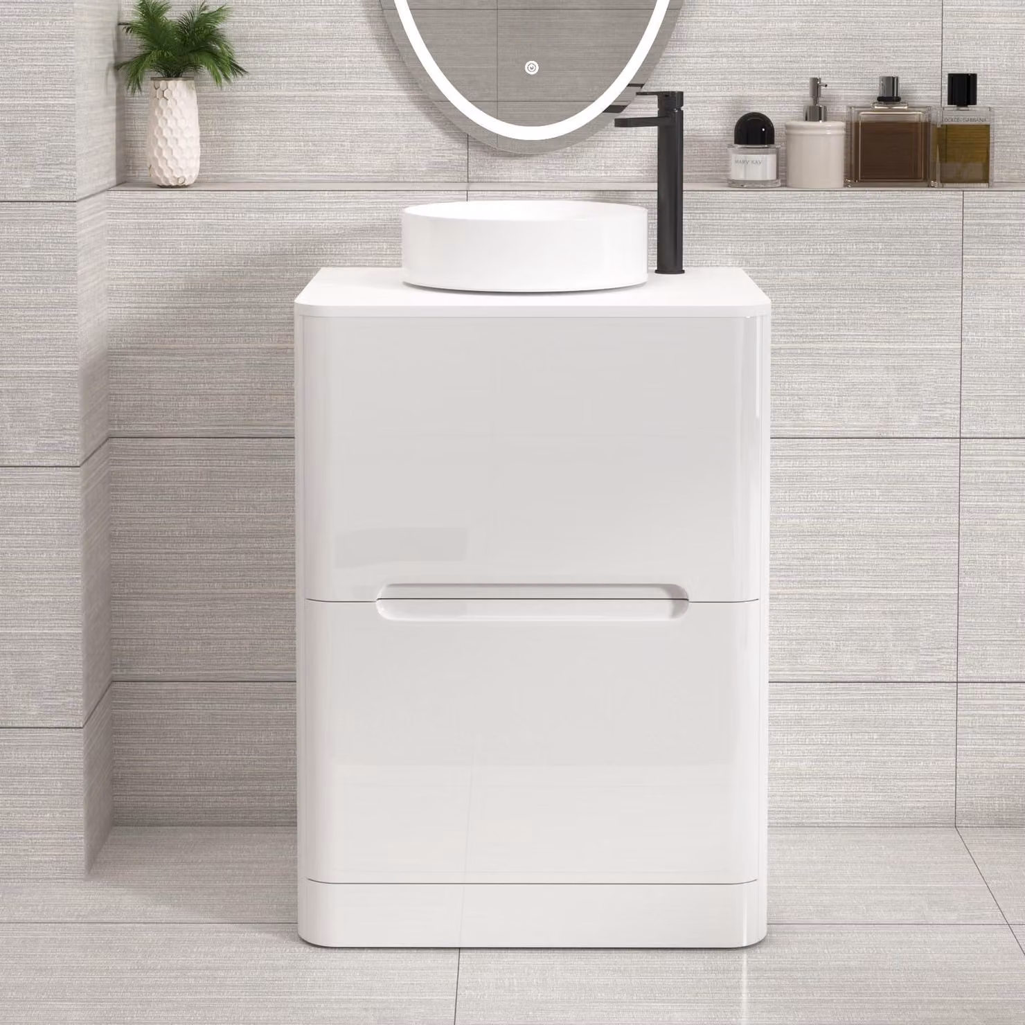 Royal Bathrooms Venice 600mm Gloss White Floor Standing 2 Drawer Vanity Unit with Plain White Worktop