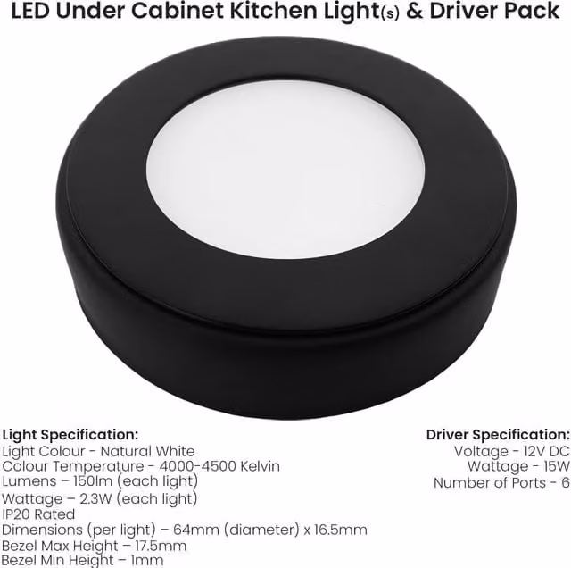 Loops 5-Pack Matt Black Round Under Cabinet Kitchen LED Light and Driver Kit with Natural White Light