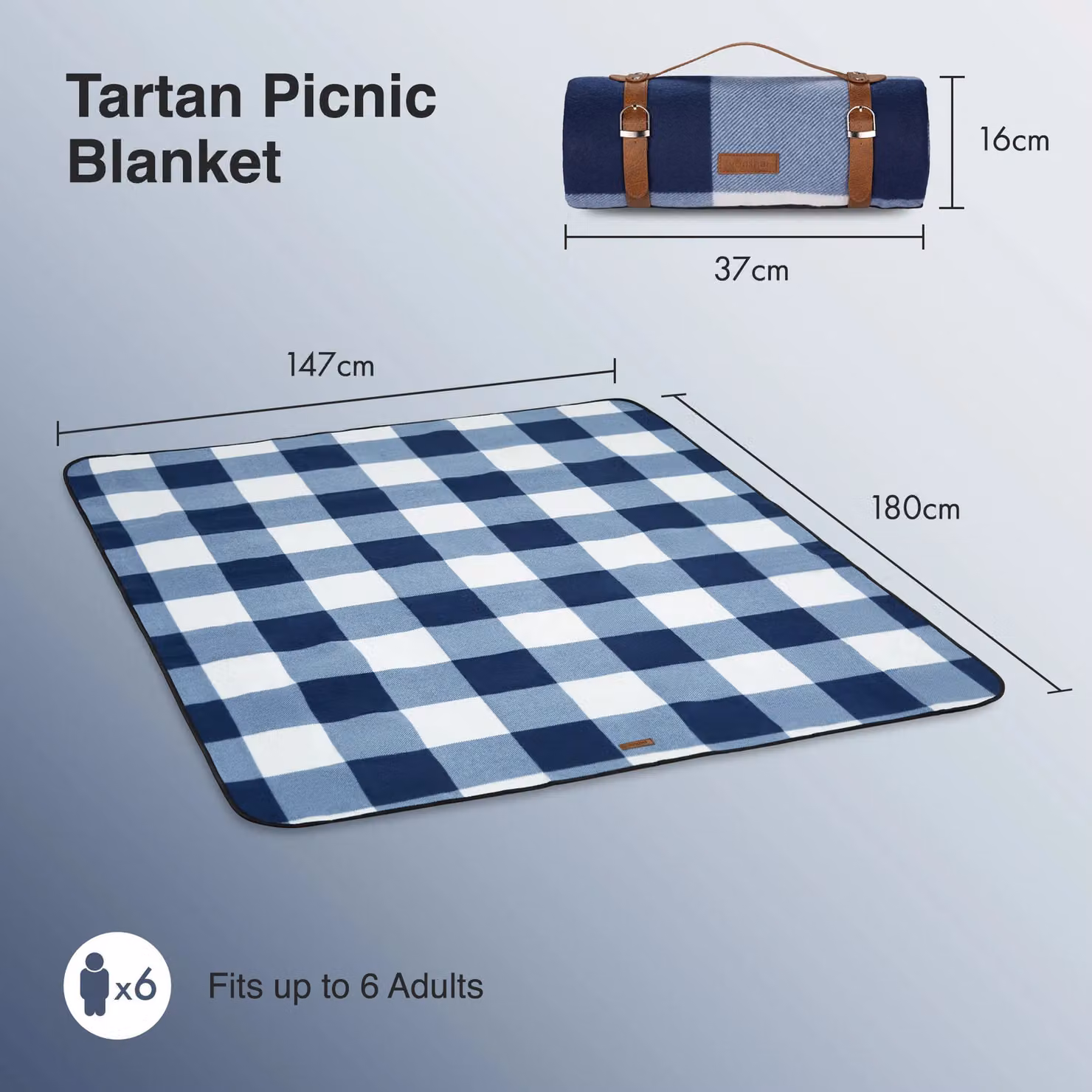 VonShef Blue and White Tartan Picnic Blanket with Waterproof Underside, W: 147 cm, D: 180 cm – 6