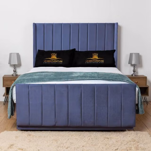 UK Bed Furniture Seoul Wingback Divan Bed Base with 54 Inch Headboard in Blue Velvet, W/D/H: 140 x 200 cm
