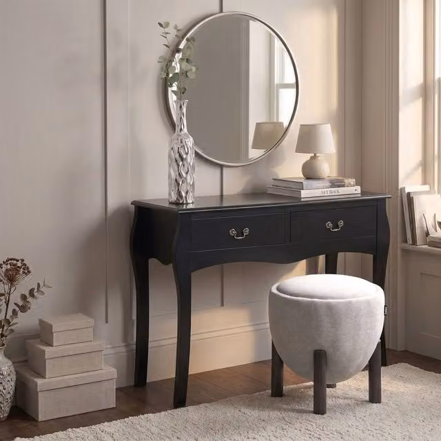 Wyld and Coco Pouffe Round Grey Faux Linen Footstool with Rubberwood Legs