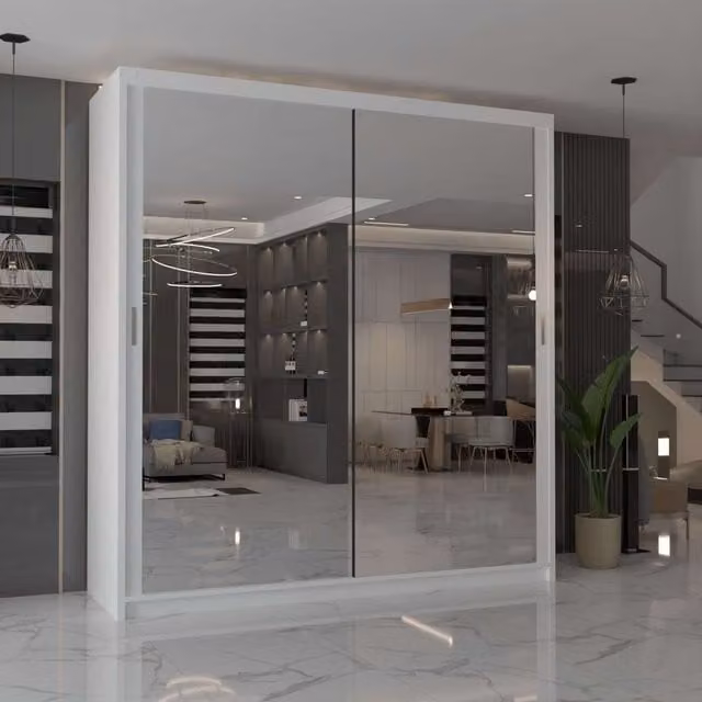 MN Furniture Cuba Sliding Mirror Wardrobe with Integrated LED Lighting, White, W/H: 120 x 217 cm – 1