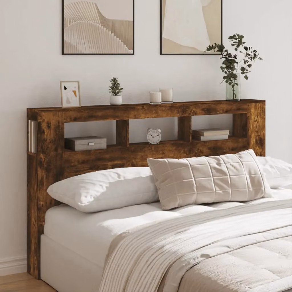 Berkfield Home LED Headboard in Smoked Oak, Brown Engineered Wood with Integrated Lighting, Shelf and USB Charging Port, W/D/H: 180 x 18.5 x 103.5 cm – 4
