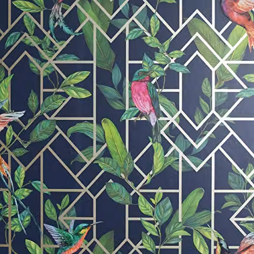 Arthouse Art Deco Botanical Floral Wallpaper in Blue and Gold, Width: 53 cm