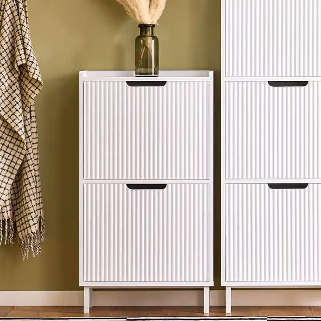 SoBuy Modern White Narrow Shoe Cabinet with Tilting Compartments and Hinged Doors