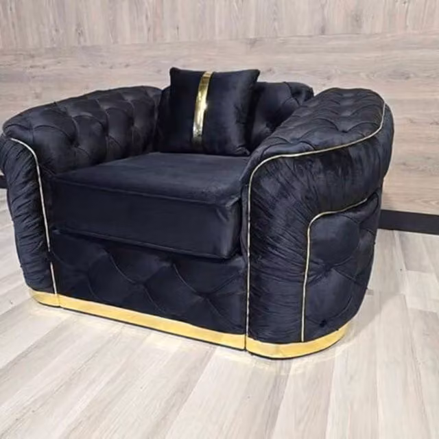 Stratus Interiors Ambassador Chesterfield Sofa in Black Plush Velvet with Gold Trim