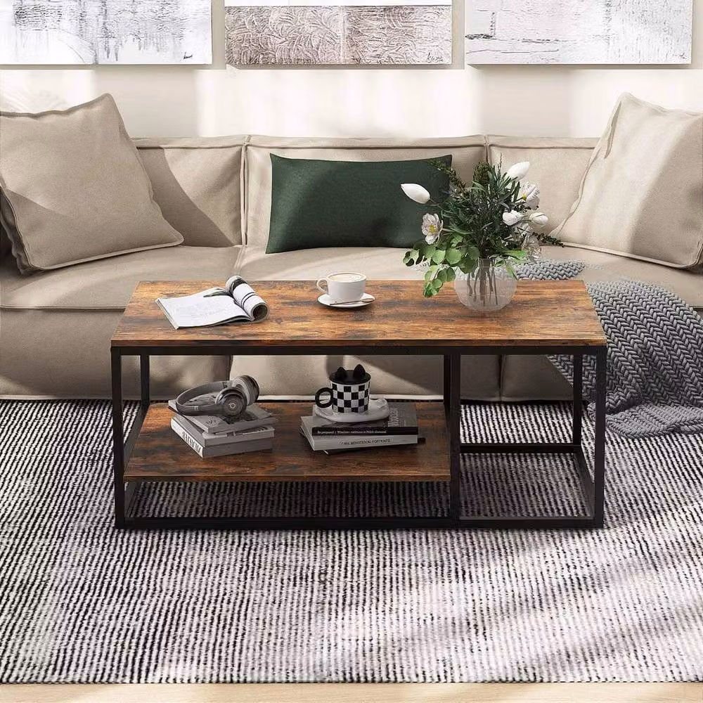 FORGEVIO 2-Tier Industrial Wood and Metal Rectangular Coffee Table in Brown and Black – 3
