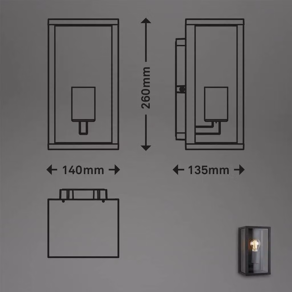 Briloner Black Outdoor Wall Light with Glass Pane, IP44 Water-Resistant, E27 Max 12W, W/D/H: 26 x 14 x 13.5 cm – 4