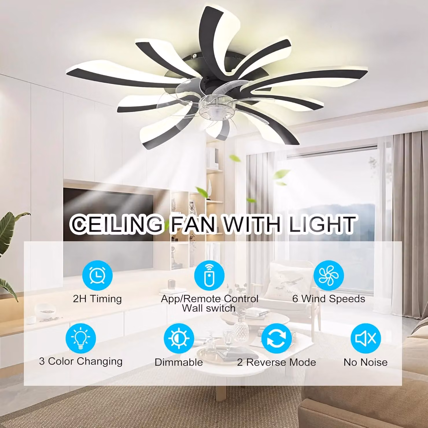 Garwarm Modern Black LED Ceiling Fan with Dimmable Lights and Remote Control – 4