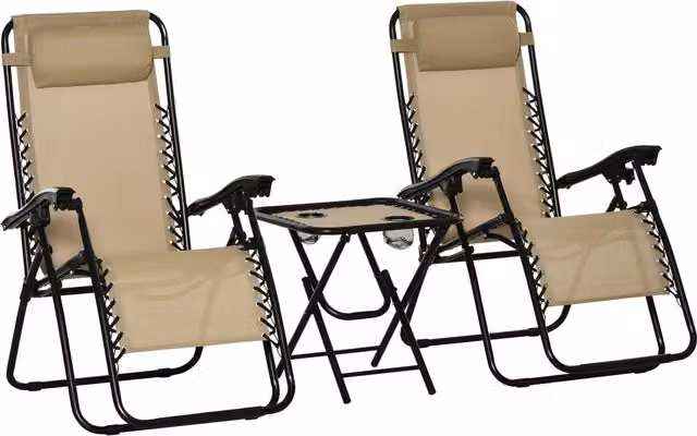 Outsunny 3-Piece Folding Zero Gravity Sun Lounger and Table Set with Cup Holders, Beige