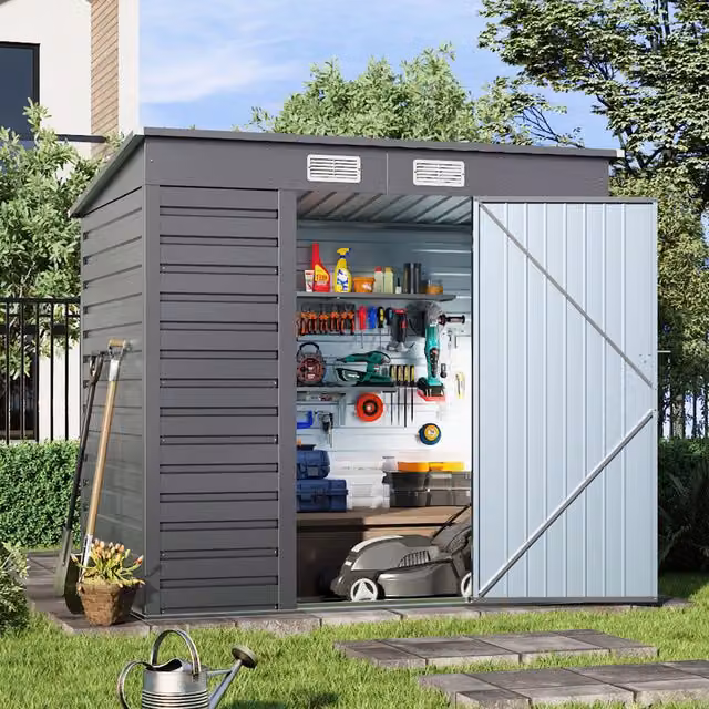 Breeins Grey Galvanised Steel Pent Garden Storage Shed with Sloping Roof