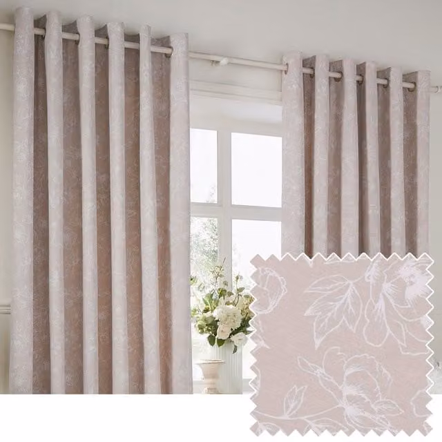 Wylder Bella Floral 100% Cotton Eyelet Curtain Pair in Beige, Width: 168 cm, Drop: 183 cm