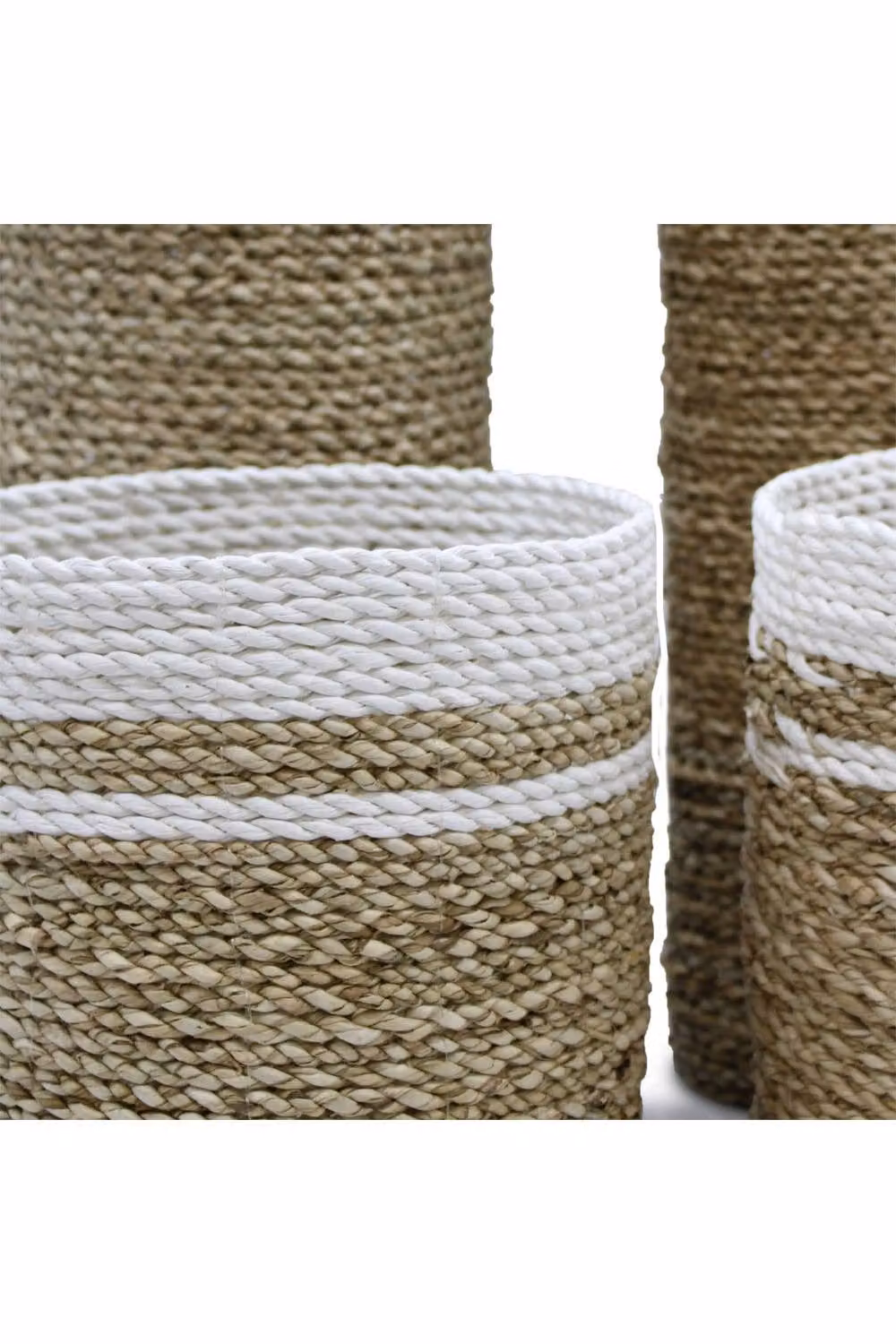KDMD Brown Rattan Seagrass Vase and Bin Set with Striped Boho Design – 3