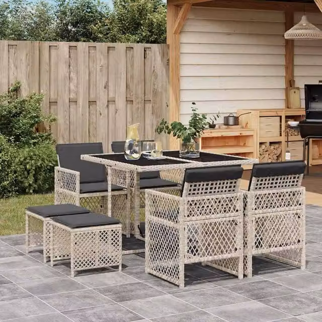 Berkfield Home 9 Piece Garden Dining Set with Light Grey Poly Rattan and Cushions – 1