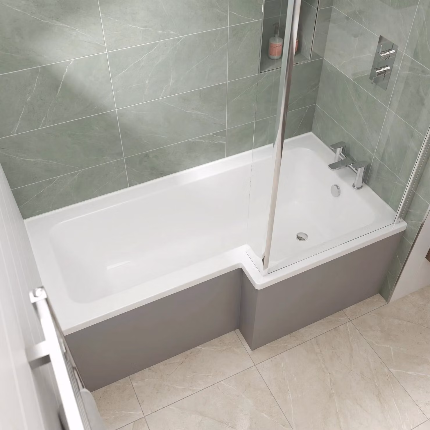 Balterley Modern Asymmetric Right Hand L Shape Shower Bath with Leg Set, White, W/D/H: 149.8 x 85.5 x 40 cm – 1
