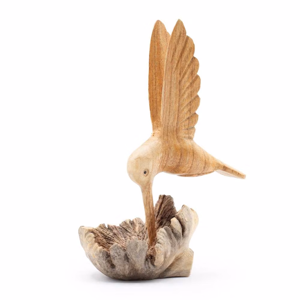 Serenityy Handmade Natural Wood Carved Hummingbird Tabletop Ornament in Brown – 3