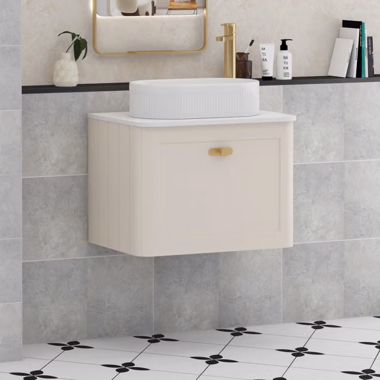 Royal Bathrooms Henley 600mm Wall Hung Vanity Unit in Mushroom Cashmere with Lyon Basin, Plain White Worktop and Brushed Brass Knob