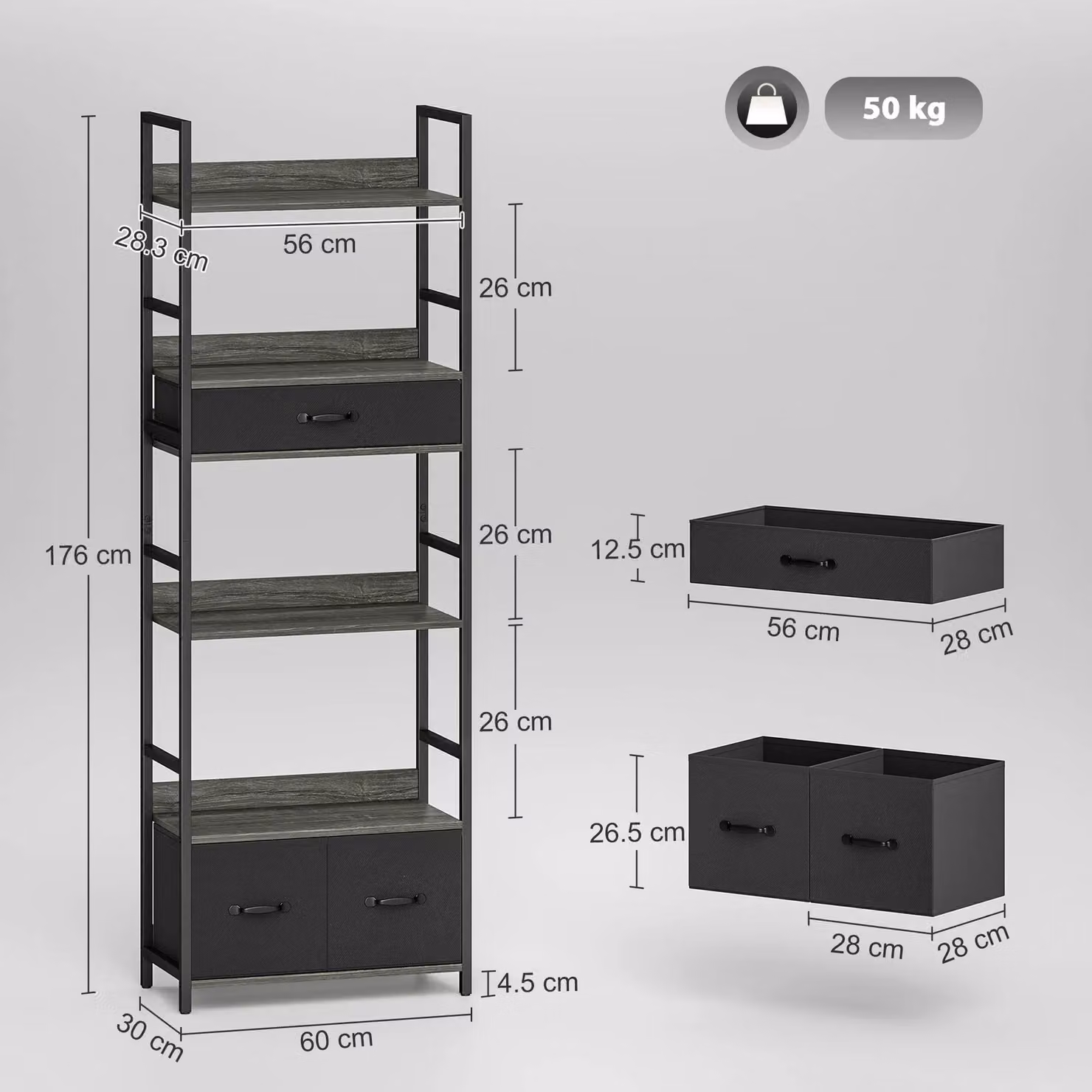 HOMCOM Industrial Bookshelf with 4 Shelves and 3 Fabric Drawers in Grey and Black – 3