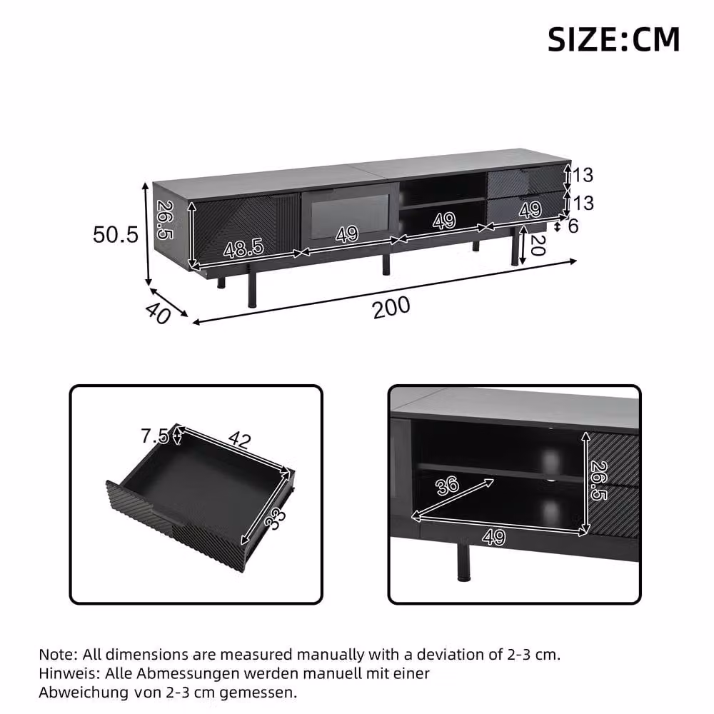 Merax Modern Black TV Unit with Glass Door and Drawers, W: 200 cm, D: 40 cm, H: 50.5 cm – 3