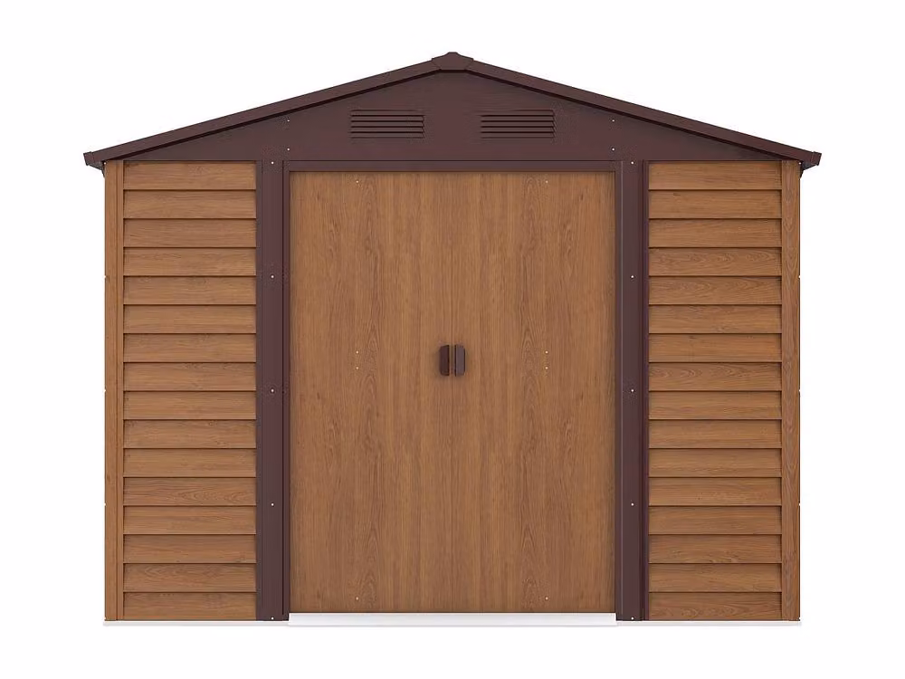 ARSEGO Walnut Wood Effect Galvanised Steel Garden Shed with Sliding Gable Doors and Side Vent, 6.62 m2 – 2