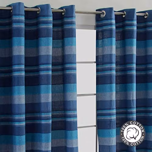 Homescapes Blue Morocco Striped Cotton Eyelet Curtain Pair, Width: 140 cm, Drop: 137 cm – 6