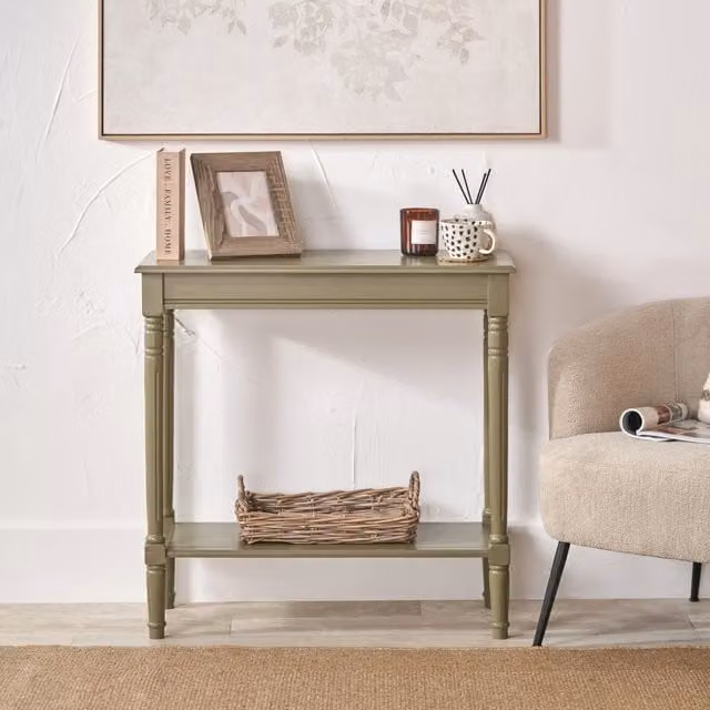 Pacific Lifestyle Heritage Pine Wood Console Table with Shelf in Olive Green