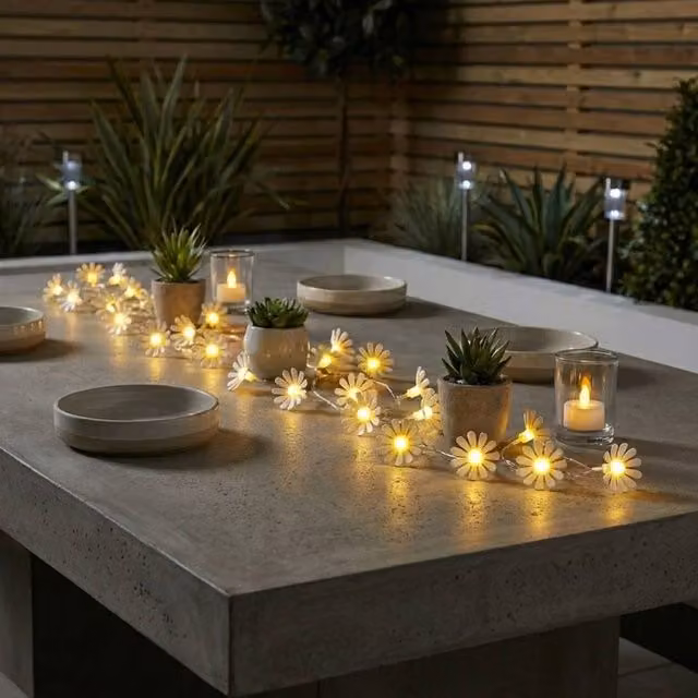 Garden Greatness Lunaria 20 Solar Daisy LED String Lights in White with Warm White Light and Dusk Sensor – 1