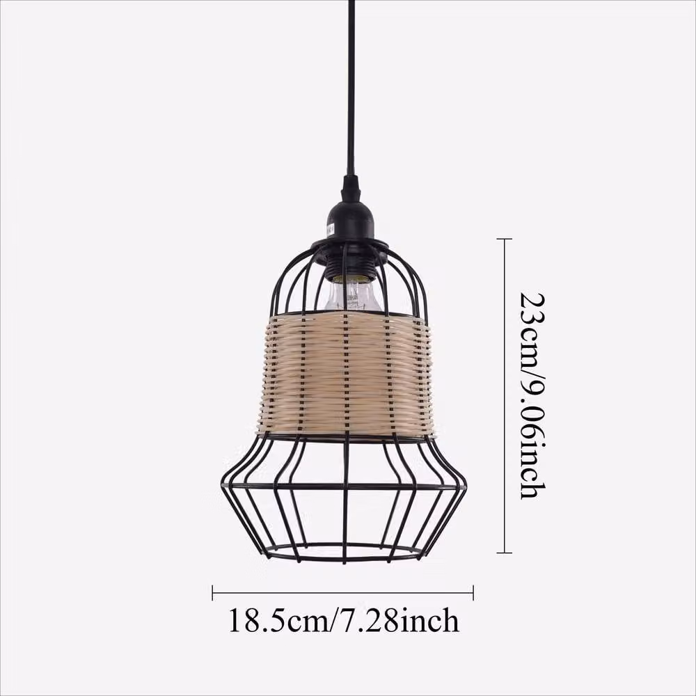 Living and Home Rattan and Iron Bar Pendant Light in Black and Natural Beige – 4
