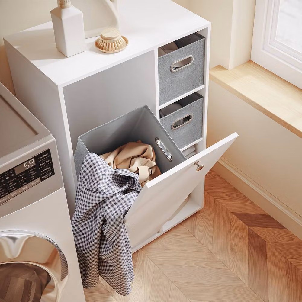 SoBuy Modern White Matt Freestanding Bathroom Cabinet with Hinged Doors, Internal Shelves and Hanging Rod – 4