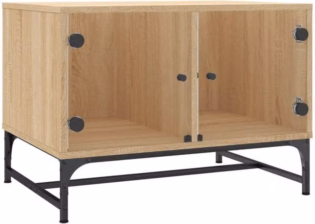 Berkfield Home Sonoma Oak Coffee Table with Glass Doors in Light Brown, W/D/H: 68.5 x 50 x 50 cm