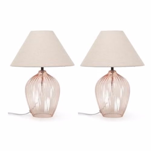 ValueLights Set of 2 Pink Glass Base Table Lamps with Fabric Tapered Lampshades and Warm White Bulbs