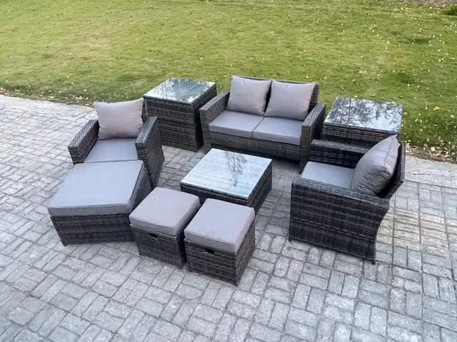 Fimous Rattan Wicker Garden Furniture Set in Dark Grey with 2 Seater Sofa, Armchair, and Square Coffee Table